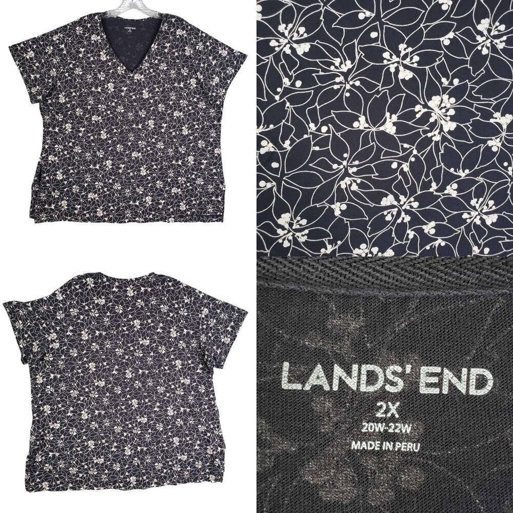 Lands End Shirt Women's Plus Size 2X Navy Blue Floral Short Sleeve Tee Cotton